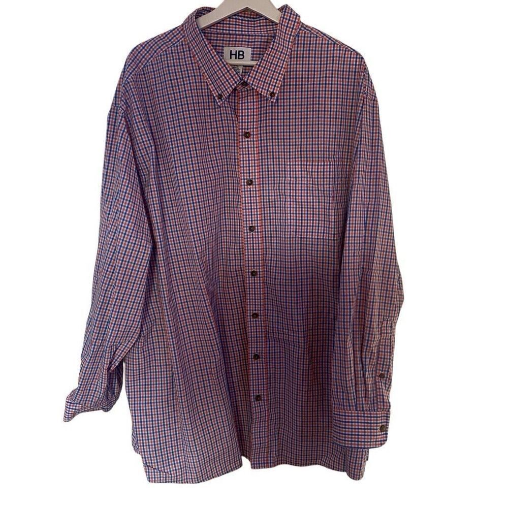 HB Size 3XL Men's Button up Dress shirt plaid long sleeve orange blue
